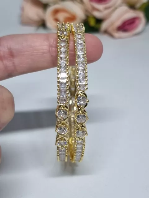 Indian Pakistani 2 Gold Bangles With White American Diamond 2.4