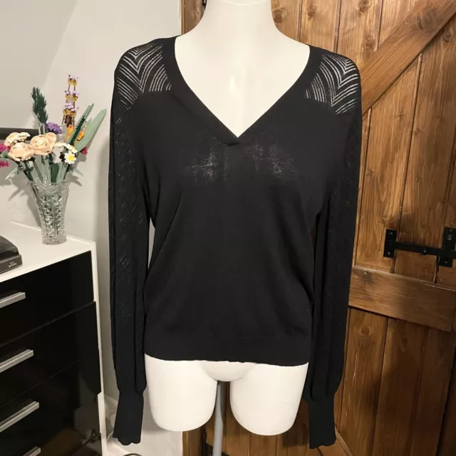 Somerset By Alice Temperley Black Cuffed Long Sleeve V Neck Thin Jumper UK 16