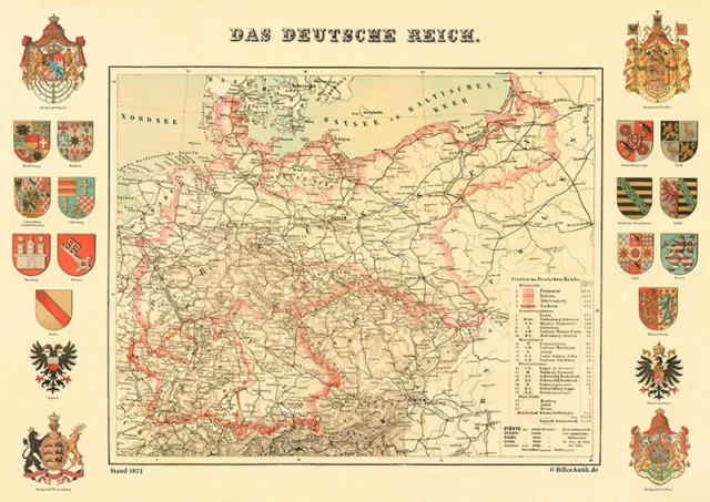 Das deutsche Reich Karte von 1872 & 20 Wappen Königreich Preußen Hessen 16 A2