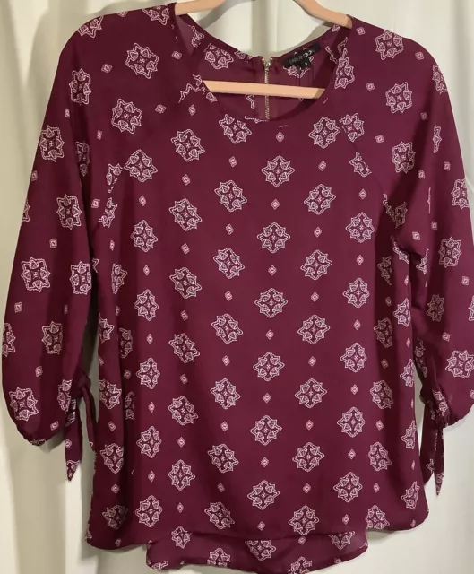Papermoon Burgundy Graphic Tile Print with Zipper Back , 3/4 Sleeve, Small