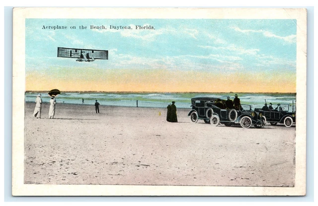 Aeroplane Airplane on Daytona Beach FL Florida Old Cars Autos Postcard C13