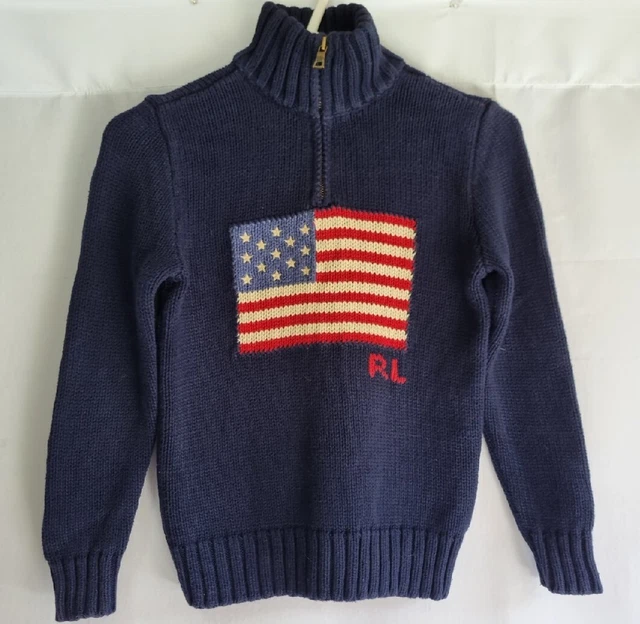 Maglione Polo Ralph Lauren Bandiera USA Blu Cotone Quarto Cerniera Lavorato a Maglia Età 8