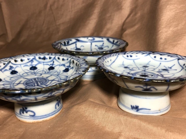 3-Antique Asian Porcelain Blue & White Offering Bowls Thai Market