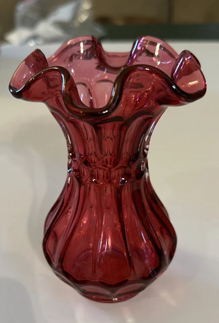 vintage Fenton glass cranberry red fluted Thumbprint  vase 5 1/2” tall