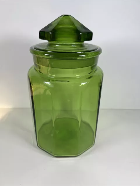 Vintage LE Smith Green Glass Paneled Canister Apothecary Jar w/Lid 9.5" tall
