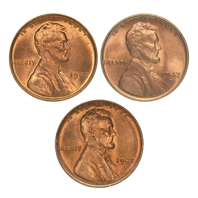 1947 P, S & D Lincoln Wheat Cent 1c BU Brilliant Uncirculated Choice + OBW