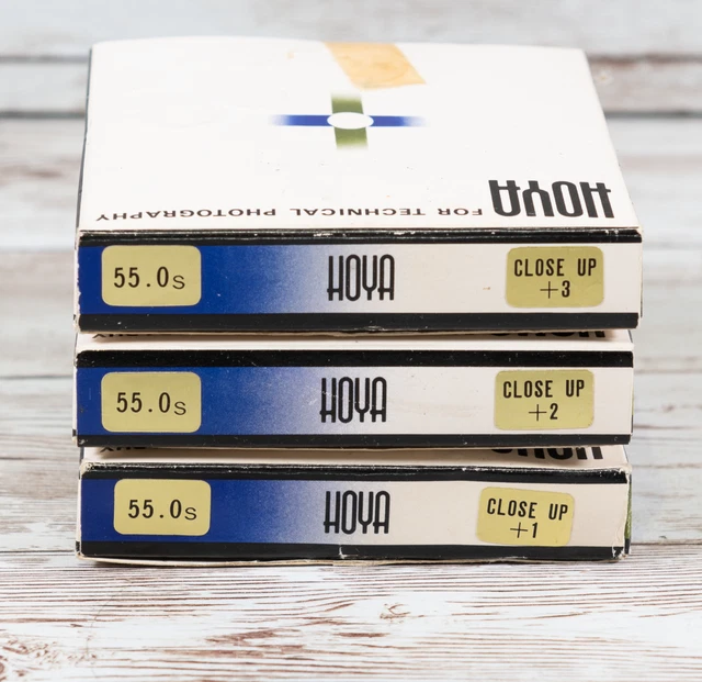 Juego de primer plano de filtro Hoya 55 mm +1 +2 +3 cajas estuches papeleo vintage Japón