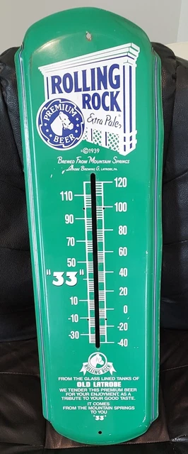 1992 Rolling Rock Beer Metal Sign Missing Thermometer USA 27"x8"