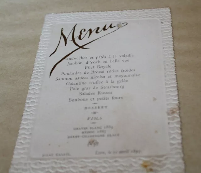 ancien Menu  11 avril  1893 Lyon