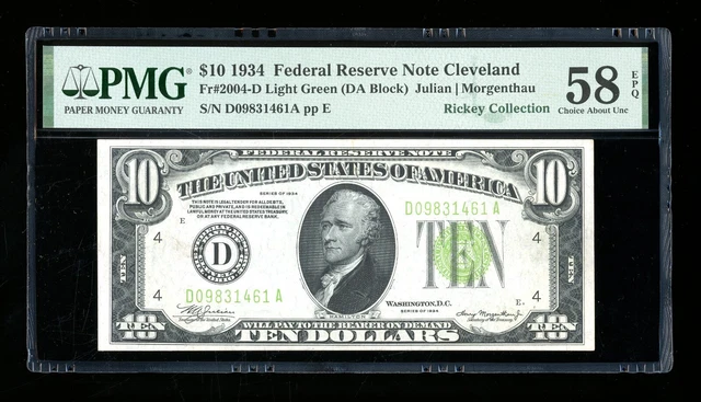DBR 1934 $10 LGS FRN Cleveland Fr. 2004-Dlgs PMG 58 EPQ Serial D09831461A