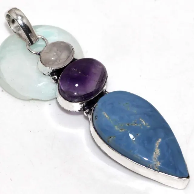 925 SILVER PLATED-OWHYEE Blue Opal Amethyst Ethnic Long Pendant Jewelry ...