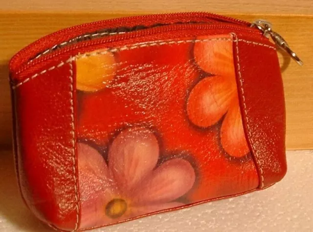 By KATZ LEATHER - GENUINE LEATHER COIN POUCH HAND PAINTED - 2 ZIPPER POCKETS