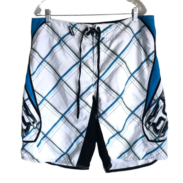 Fox Head Men's Board Shorts Size 38 Plaid Big Embroidered Logo Swim Surf Beach