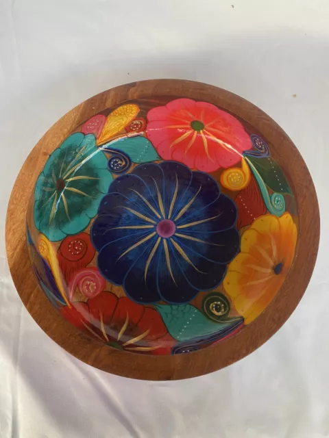 Large Hand Painted Wooden Bowl 11.5” Red  Blue Lacquered  Fruit Console Bowl