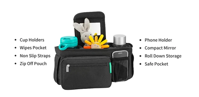 Stroller Baby Organizer Bag New Swanoo Insulated Cup Bottle Holder Black Nylon