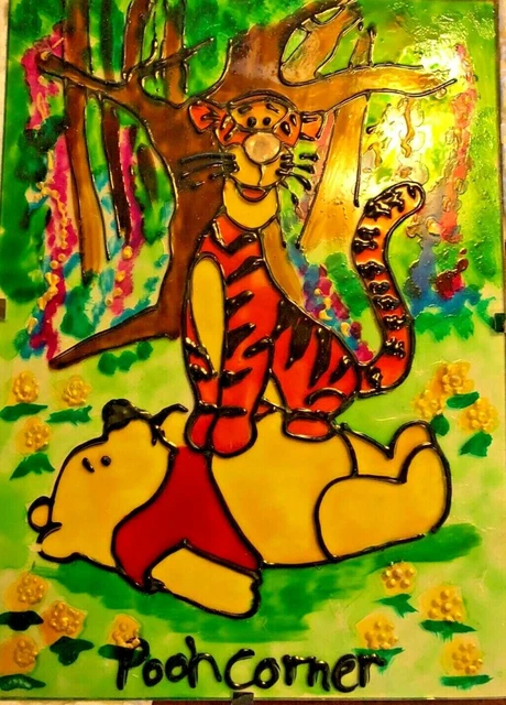 Winnie Pooh + Tigger Glass Picture with Hanger Pooh Corner English Artist 1980s
