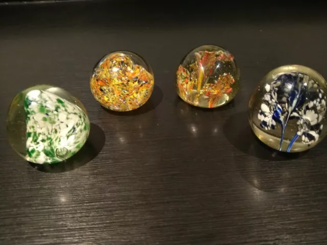 4 Glass Paperweight orange Yellow White green blue Floral Round imperfections