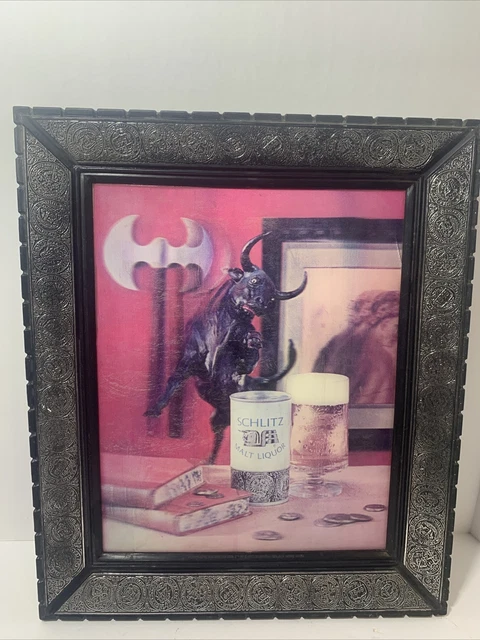 Vintage 1969 Schlitz Malt Liquor 3D Lenticular Bull Beer Sign 16" x 14" Shelf B1