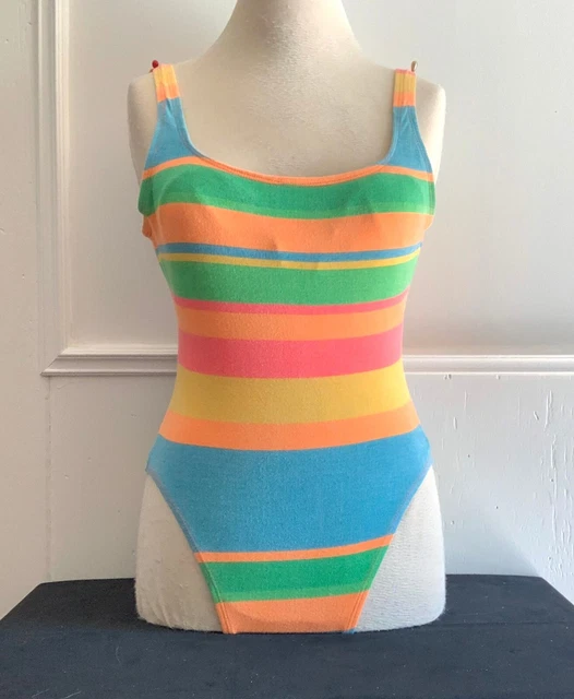 1980s Anne Cole Neon Pastel Swimsuit Vintage Stripe Cotton Aerobics Sportswear 8
