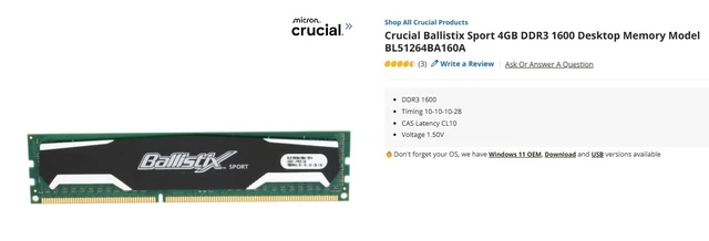 Mémoire RAM Crucial Ballistix DDR3 10 Go (2x4 Go + 1x2 Go) PC3-12800 - Occasion