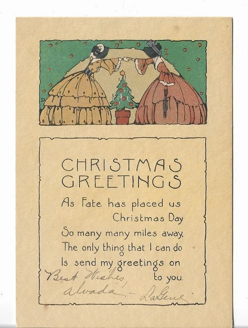 VTG Christmas Card ART DECO 5x3.5" -Two Victorian Ladies Shaking Hands by a Tree