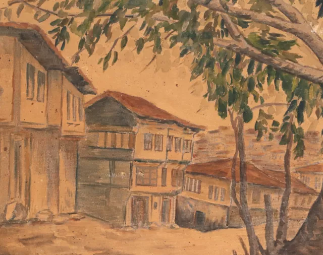 Antique watercolor painting landscape mountain village