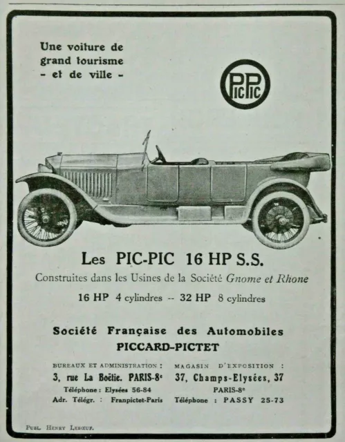 Publicité De Presse 1920 Les Pic-Pic 16 Hp S.s. Une Voiture De Grand Tourisme