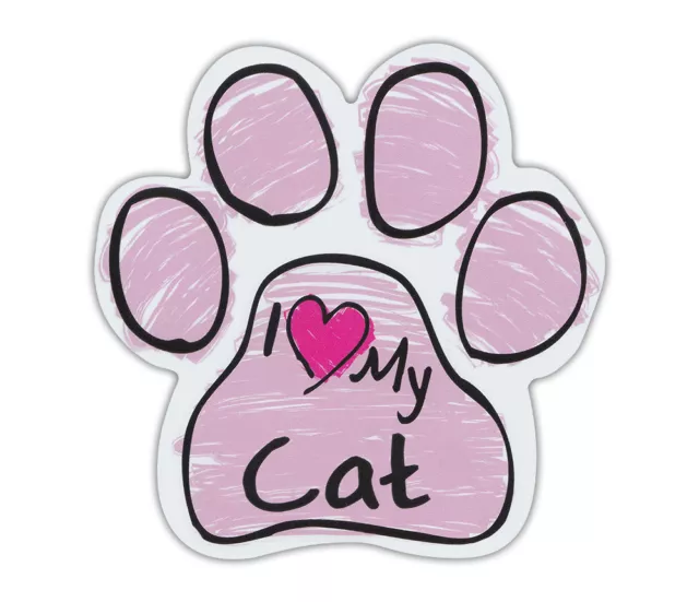 Pink Scribble Paws: I LOVE MY CAT | Cat Paw Shaped Car Magnets