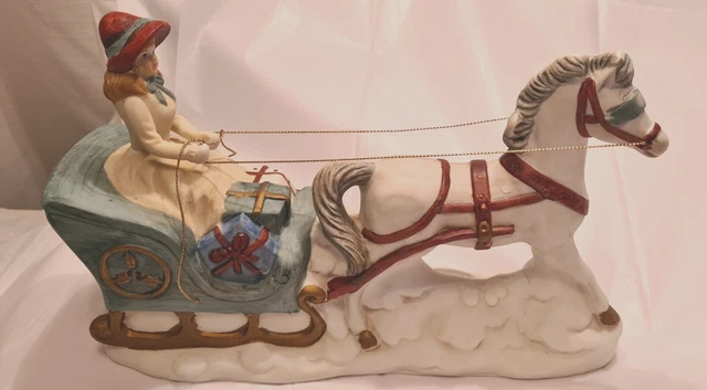VINTAGE HORSE DRAWN SLEIGH WITH WOMAN MUSICAL Figurine FROM FOLEY'S  BTVR