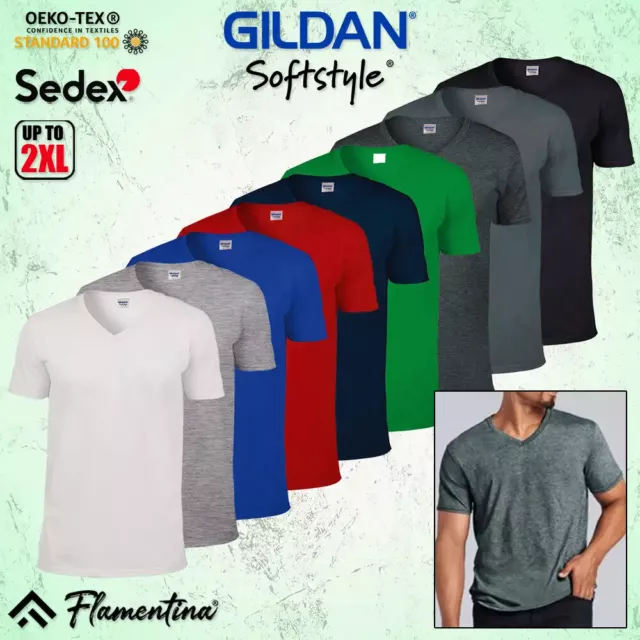 Mens Plain V-Neck T-Shirt Basic Cotton Short Sleeve Top Casual Gildan Softstyle