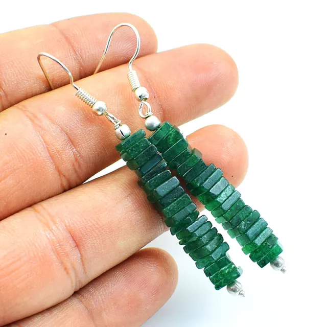 35.00 Cts Natural Green Jade Gemstone Heishi Beads Handmade Earrings NK 04E93