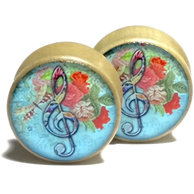 Pair Wood Handmade Ear Plugs Gauges Flesh Tunnels Earrings Floral - Treble Clef