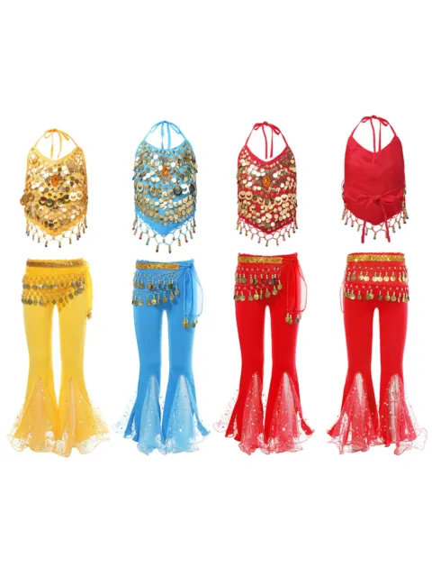 Girls Set 3Pcs Belly Dance Costume Lace-up Outfit Tassel Decor Flared Pants 2