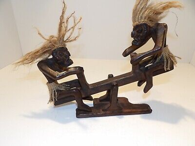 Primitive Tribal Wood Carved Statue Teeter Totter with Twine Hair And Loin Cloth