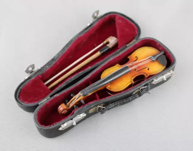 Piccola MINIATURA VINTAGE Violino con arco archetto e custodia da collezione