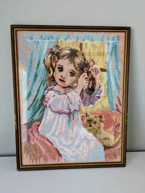 Vintage Hand Stitched Embroidered Girl & Cat Framed Art Retro Kitsch Collectable