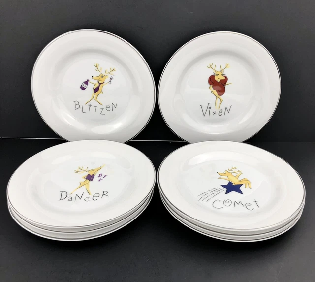 Pottery Barn REINDEER Salad Plates (8) Dessert Santa Christmas Japan 8-1/4"