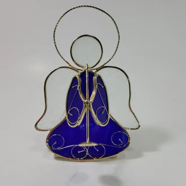 Cobalt Blue Stained Glass Angel Playing a Horn Christmas  Votive Holder 8" Tall