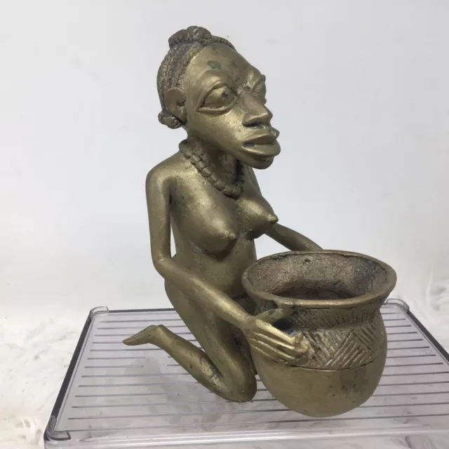 Vtg Benin Cast Bronze Sculpture Kneeling Woman W/ Basket African Tribal Art 4lbs