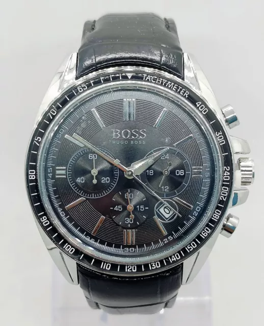 Excellent HUGO BOSS Chronograph Quartz Black Dial Leather Band Men's Wrist Watch