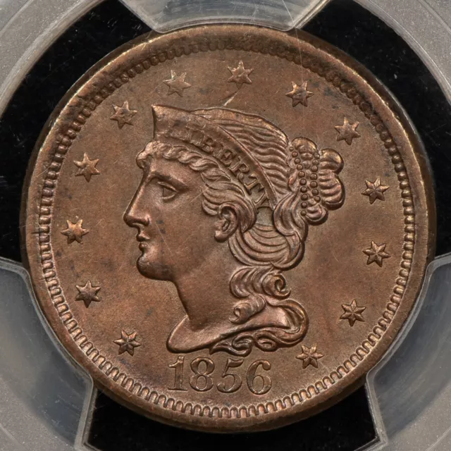 1856 1c Braided Hair Large Cent - Luster Chocolate Brown - PCGS UNC Dets - B4047
