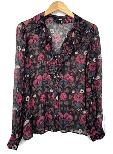 Paige Women's Silk Jodelle Blouse Sheer Floral Print Long Sleeve Top Size Small