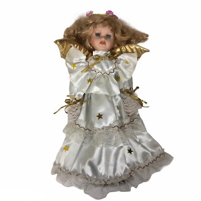 Angel Porcelain Doll With Wings Collectible White Dress Blue Eyes Blonde Hair