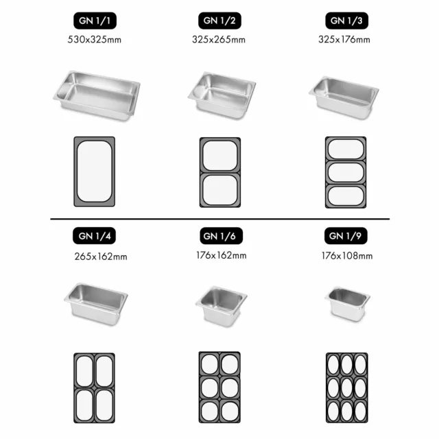 vertes Bacs et Couvercles GN Gastronorm Acier Inox 1/1, 1/2, 1/3, 1/4, 1/6, 1/9