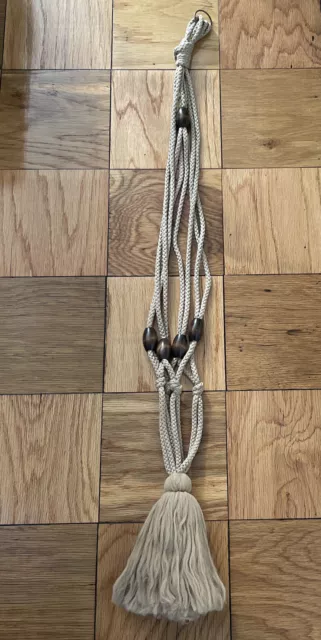 Vintage Macrame Hanging Plant Holder With Wood Beads 50” Mid Century MCM