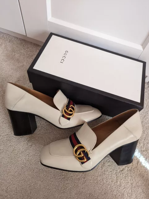 MOCASSINI SCARPE CORTE Gucci bianche Peyton GG tacco in pelle UK 7