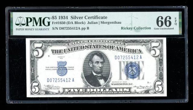 DBR 1934 $5 Silver Gem Fr. 1650 DA Block PMG 66 EPQ Serial D07255412A