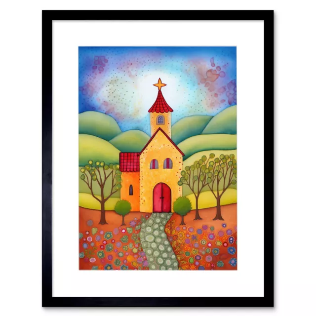 Countryside Chapel Landscape Modern Folk Art Framed Wall Art Print Picture 12X16