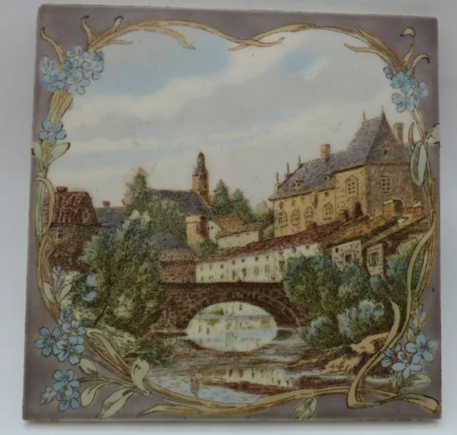 Rare Landscape LONGWY Art Nouveau enameled Tile romantic City scene in Burgundy 2