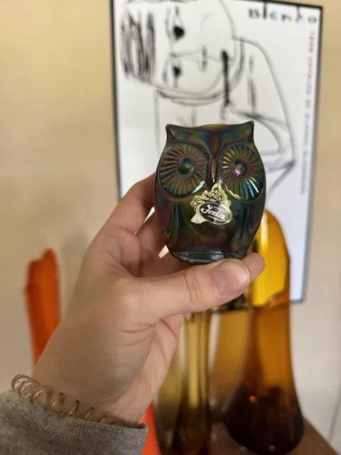 Fenton Black Carnival Glass Owl ORIGINAL STICKER.